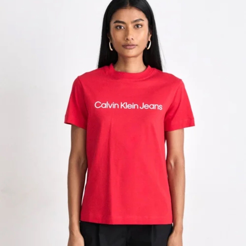 Calvin Klein Sz L Regular Tee Shirt Pullover Stretch Top Pink Candy Apple